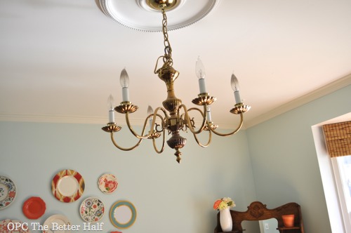 elelant and easy chandy, crafts, lighting, Here is our old not so much my style chandelier Oh how I longed for something fancy