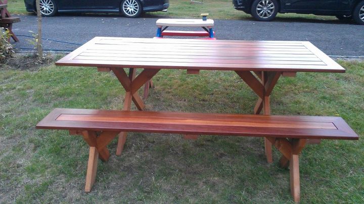 picnic table, diy, how to, painted furniture, woodworking projects, This picture shows what a little planning can accomplish I offset the battens and legs on the bench with the ones on the table so that the benches can fit under the table if needed