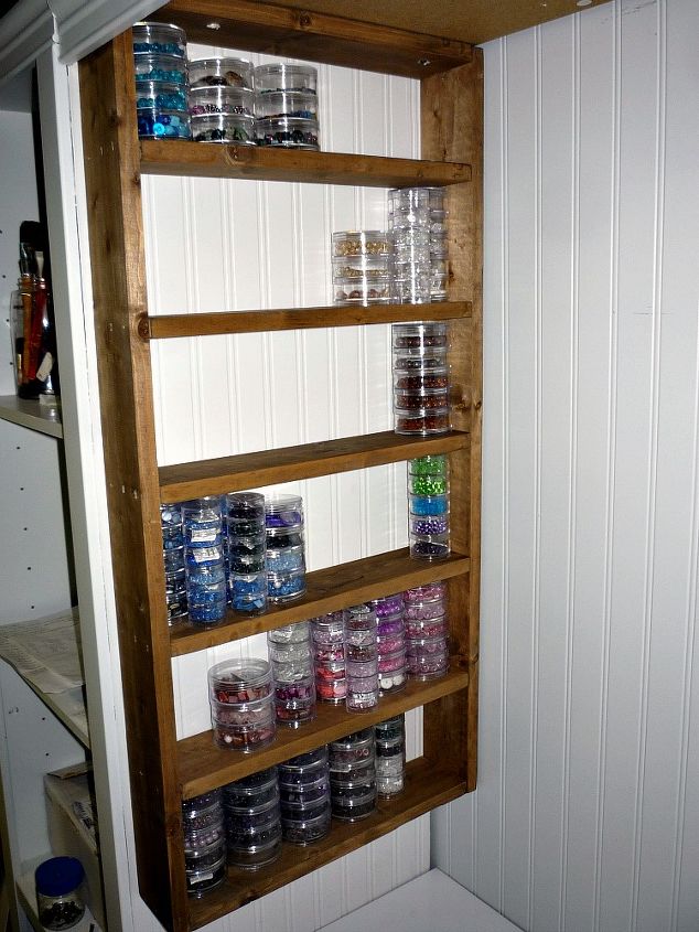 bead container rack for my craft room, cleaning tips, craft rooms, I can sit at the desk and just reach up for the right container of beads