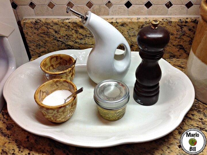 our new coffee and cooking stations, home decor, kitchen design, Ironstone platters aren t just for display Look at this gorgeous one that holds spongeware custard cups salt pepper and other cooking staples
