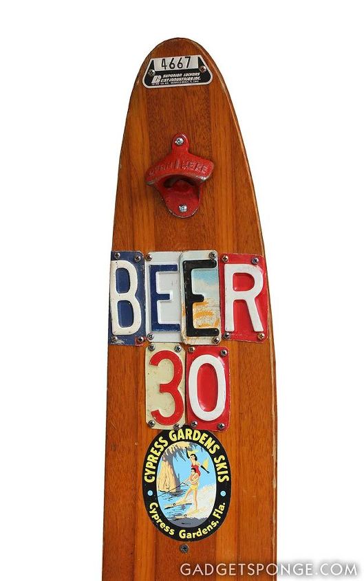 repurposed vintage water ski beer 30 2 beer soda bottling opening, products, repurposing upcycling, An old style bottle opener up top kicks things off The BEER 30 characters are compliments of several license plates across several states