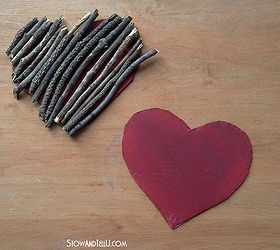 twig heart trivet, crafts, seasonal holiday decor, Design a layout with the twigs on a template heart allowing for overlap Paint the cardboard hearts and then transfer and hot glue twigs