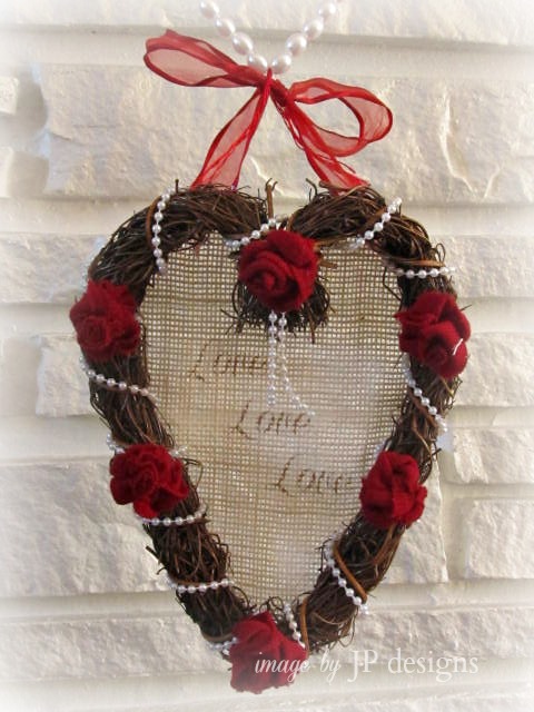 heart wreath with sweater roses and a love transfer on burlap, crafts, repurposing upcycling, wreaths