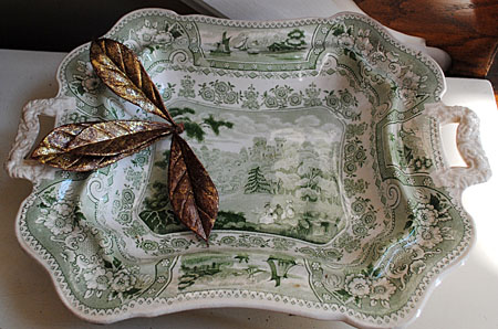 holiday tour our foyer, seasonal holiday d cor, An Antique Transferware piece in green