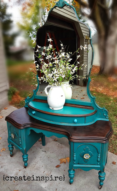refinished antique vanity in teal, painted furniture, This lovely jewel tone is Green Bay by Sherwin Williams