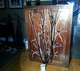 winter tree cabinet, chalk paint, kitchen cabinets, painted furniture, Just starting to transfer the image using a projector Nothing tedious here