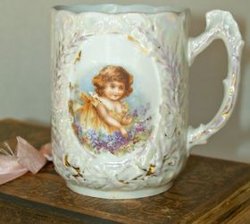 decorating with vintage the ultimate repurpose, home decor, painted furniture, Victorian mug of little girl picking violets