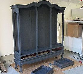 vintage hutch redo, living room ideas, painted furniture, IN PROGRESS Took 3 coats of Maison Blanche Wrought Iron Vintage Furniture Paint Topped with 2 coats of Maison Blanche Clear Wax Whew got my work out on with the wax