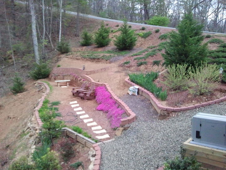 new outdoor seating area which overlooks lower yard still need to add more, flowers, gardening, perennials, New outdoor seating area which overlooks lower yard Still need to add more perennials and bark Upper area is for gardening strawberries