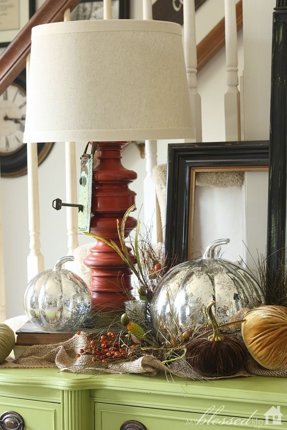 create a layered fall table display, seasonal holiday d cor, I love the combination of vibrant colors sparkly pumpkins and velvety ones too
