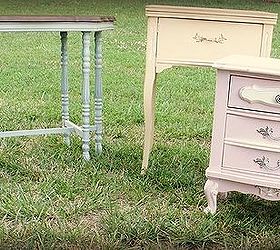 hand painted furniture, chalk paint, painted furniture, Trio of pastel tables including a sewing table painted pale yellow and a French provincial nightstand