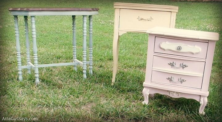 hand painted furniture, chalk paint, painted furniture, Trio of pastel tables including a sewing table painted pale yellow and a French provincial nightstand