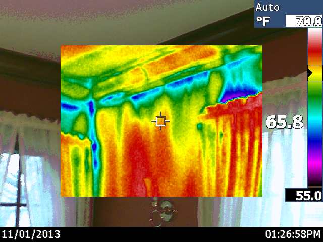 recent infrared scan of a newly renovated room, home maintenance repairs, wall decor, Dining room loosing heat within the walls due to poor insulation install