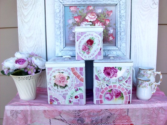 shabby chic rose mosaics, home decor, shabby chic, Adorable set of Storage Canisters