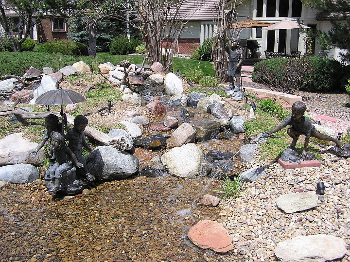 before a fountain after a pondless waterfall with bronze statuary, gardening, ponds water features, The new pondless up and running