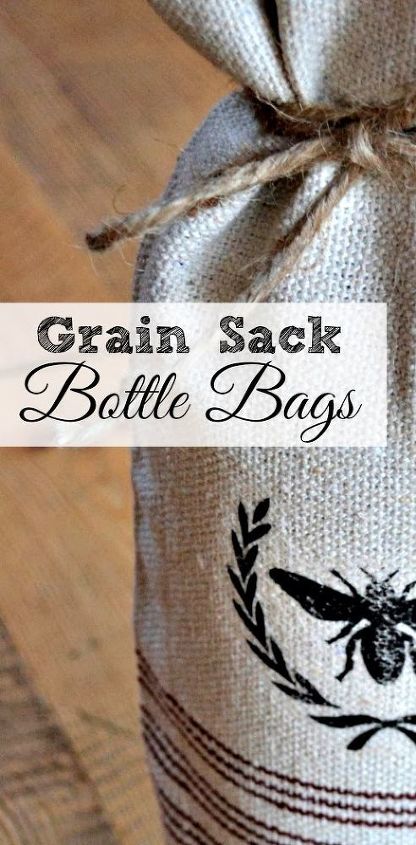 grain sack wine bottle bags with a bee transfer, crafts, repurposing upcycling