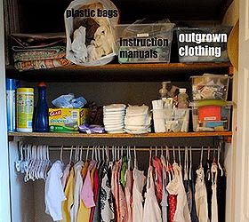 organize kids closets once and for all, closet, organizing, A few tips have an outgrown clothing bin keep instruction manuals for toys and baby items together in a bin to easily locate them plastic bags come in handy for diaper pails so keep them together on a top shelf