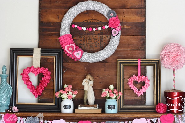 valentine s day mantel, fireplaces mantels, seasonal holiday d cor, valentines day ideas, wreaths, I love the warm tones of the wood with the fun pink aqua and grays