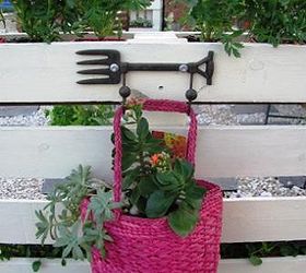 diy pallet planter, diy, gardening, how to, pallet, repurposing upcycling, succulents, woodworking projects, I added decorative garden hooks to hang this upcycled handbag planter with succulents and other garden art