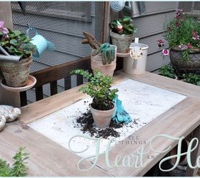 diy potting bench serving table, diy, flowers, gardening, outdoor furniture, outdoor living, painted furniture, But building a little table around the marble top gave the potting bench just the right amount of room