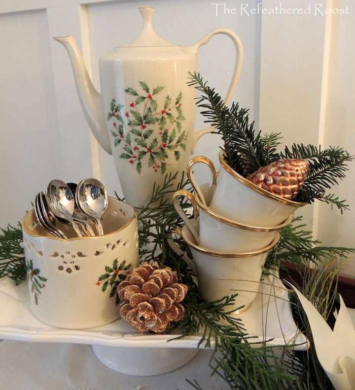 christmas in the dining room, christmas decorations, dining room ideas, seasonal holiday decor, Mixing Lenox Holiday and Lenox Eternal china for a tea set display