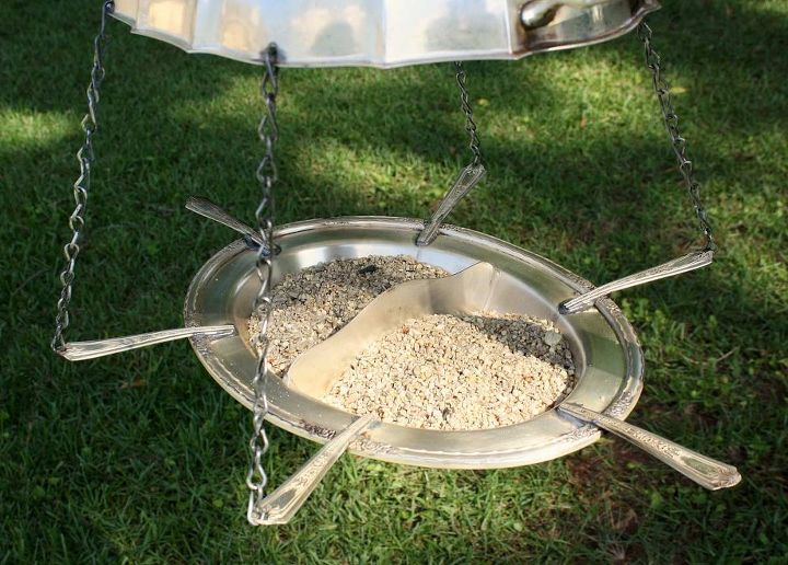repurposed twin bird silverplate platters bird feeder, outdoor living, repurposing upcycling, Repurposed Twin Bird Silverplate Platters Bird Feeder by GadgetSponge com