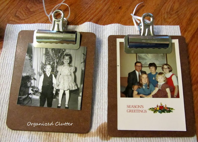 easy mini clipboard christmas tree ornaments, christmas decorations, crafts, seasonal holiday decor, Darken the clipboards for a more vintage look Add a vintage photo and a ribbon for hanging
