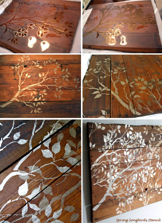 stencil some wood wall art pieces, crafts, Spring Songbirds Stenciled Wood Wall Art
