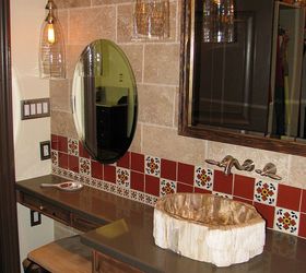 art deco master bath transforms into a spanish hacienda retreat, architecture, bathroom ideas, home decor, home improvement, We extended the stone wall look from the shower around the room to enhance the Spanish revival hacienda feel The petrified wood vessel sinks may not be historically accurate but the do add a wow factor