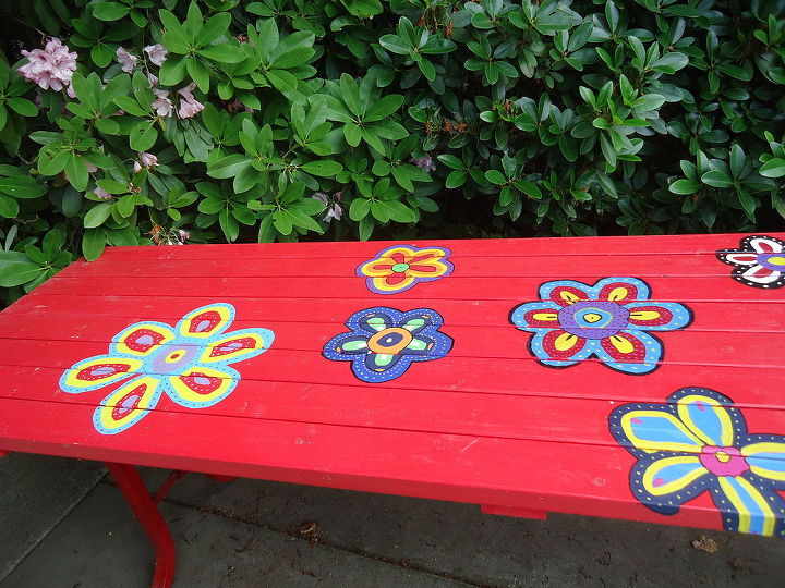 painting a unique picnic table, painted furniture, Almost done