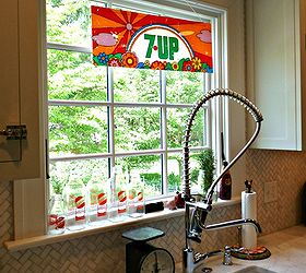 q i love an unexpected window treatment what do you use, home decor, window treatments, windows, 1970 s Peter Max 7 Up sign as window treatment See more pics here
