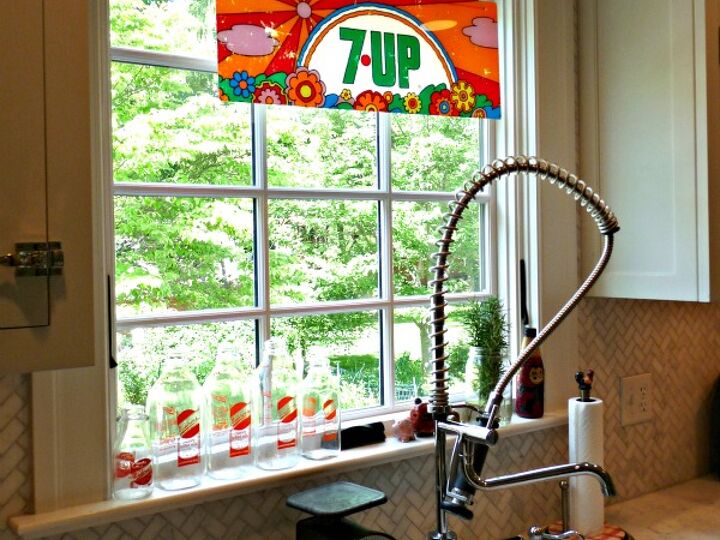 q i love an unexpected window treatment what do you use, home decor, window treatments, windows, 1970 s Peter Max 7 Up sign as window treatment See more pics here