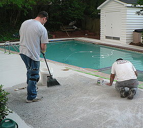 homeowner sought a way to restore the surface of his older pool deck other than the, concrete masonry, decks, outdoor living, pool designs, The guys working to ensure a durable long term solution for this homeowner