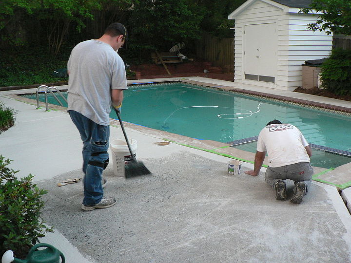 homeowner sought a way to restore the surface of his older pool deck other than the, concrete masonry, decks, outdoor living, pool designs, The guys working to ensure a durable long term solution for this homeowner