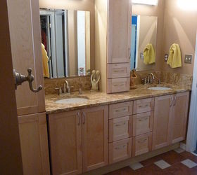 master bathroom makeover on a budget, bathroom ideas, home decor, AFTER GRANITE and new side cabinet for more storage Picked a remnant that would be long enough to do the counter top with no seams