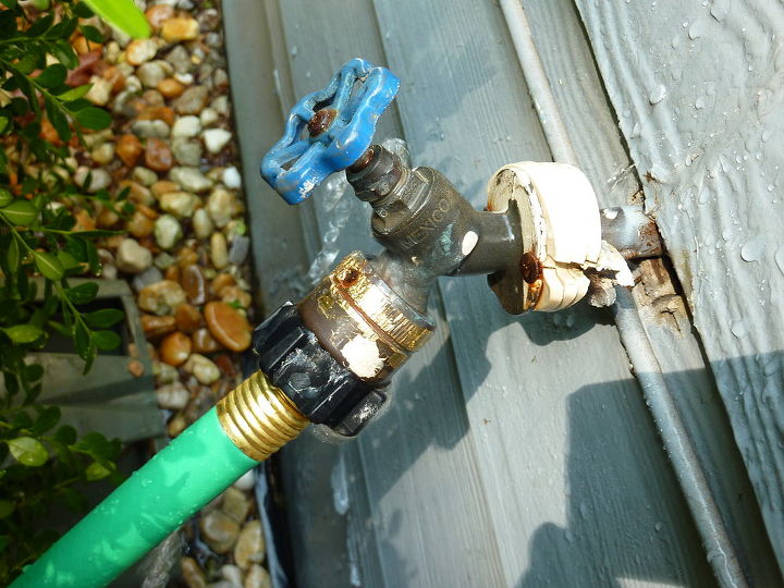 q help we have an outdoor water faucet that is leaking terribly we tried getting a, plumbing, It is spraying NOT from the hose connection but from the top of the piece above the hose connection