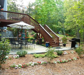new updated pictures of the deck and decked out and ready for spring, decks, home improvement, outdoor living, patio, New Tea Olives and Yews with impatiens in between ready for Spring and Summer