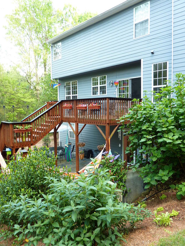 new updated pictures of the deck and decked out and ready for spring, decks, home improvement, outdoor living, patio, Gardenias daylilies butterfly bush impatiens hydrangea blue