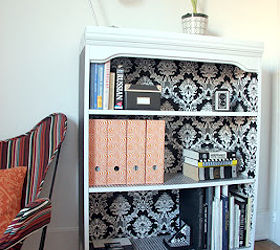 diy project of the week wallpaper your furniture, home decor, painted furniture, Wallpaper the inside of a shelving unit or cabinet