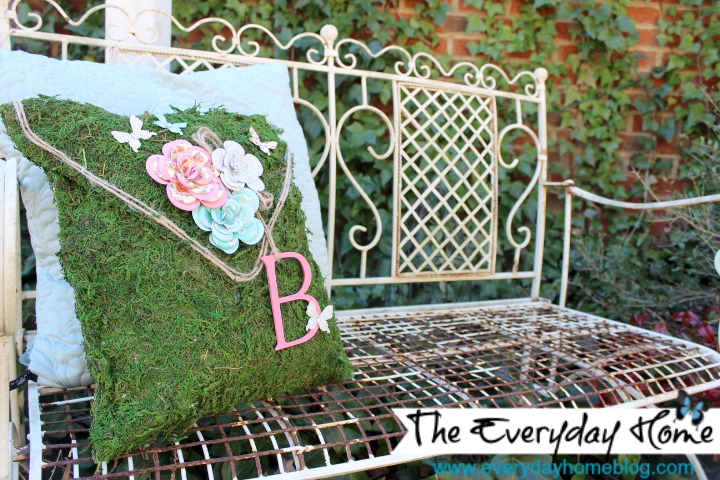 no sew moss pillow, crafts, outdoor living, A chippy metal bench in the ivy garden is the perfect place for a moss pillow
