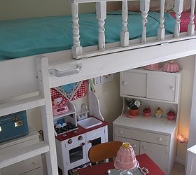 lofted cottage bed for our little girl s dream room, bedroom ideas, diy, home decor, painted furniture, repurposing upcycling, We added painted metal handles the railing is not used for support when climbing up and down the ladder