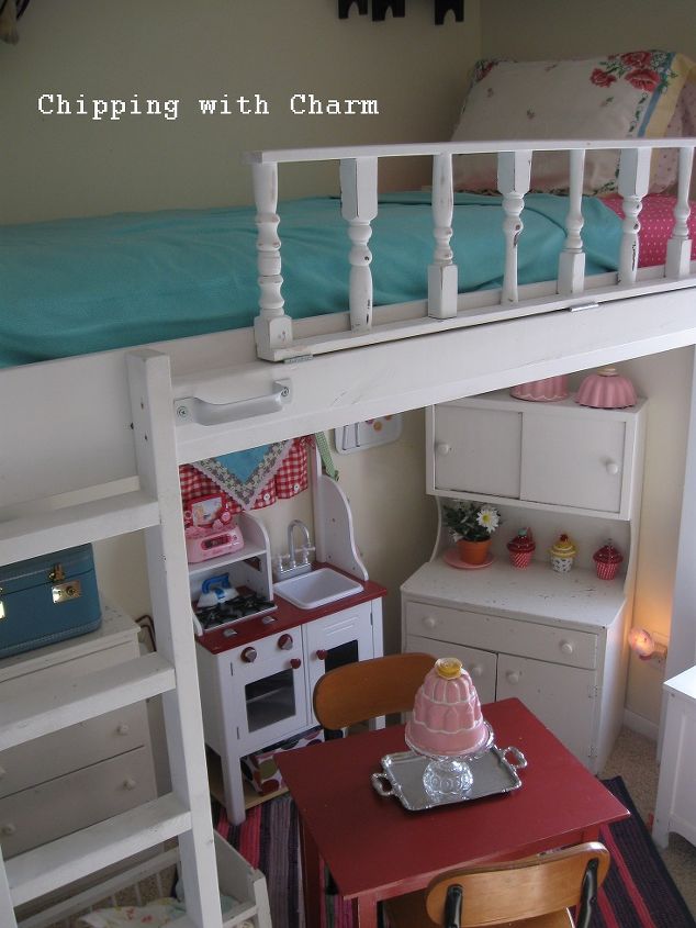 lofted cottage bed for our little girl s dream room, bedroom ideas, diy, home decor, painted furniture, repurposing upcycling, We added painted metal handles the railing is not used for support when climbing up and down the ladder
