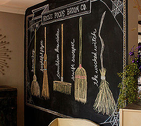 hocus pocus broom co fall inspired chalkboard design, seasonal holiday decor, The names of the brooms are a little tricky to read but we have the Haunted Hog Frightful Flyer Cauldron Lowrider Swift Sweeper and The Wicked Witch