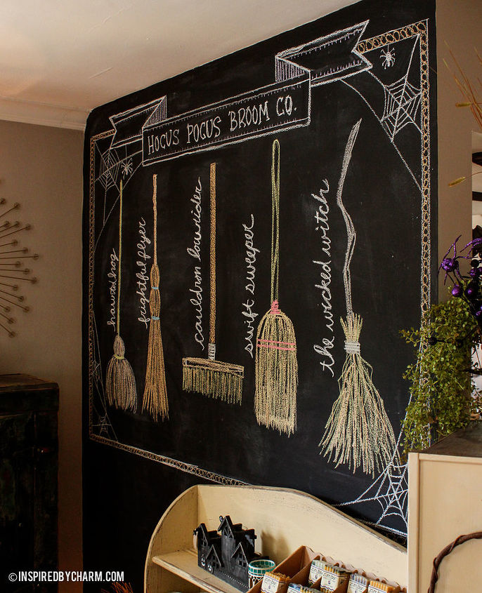 hocus pocus broom co fall inspired chalkboard design, seasonal holiday decor, The names of the brooms are a little tricky to read but we have the Haunted Hog Frightful Flyer Cauldron Lowrider Swift Sweeper and The Wicked Witch