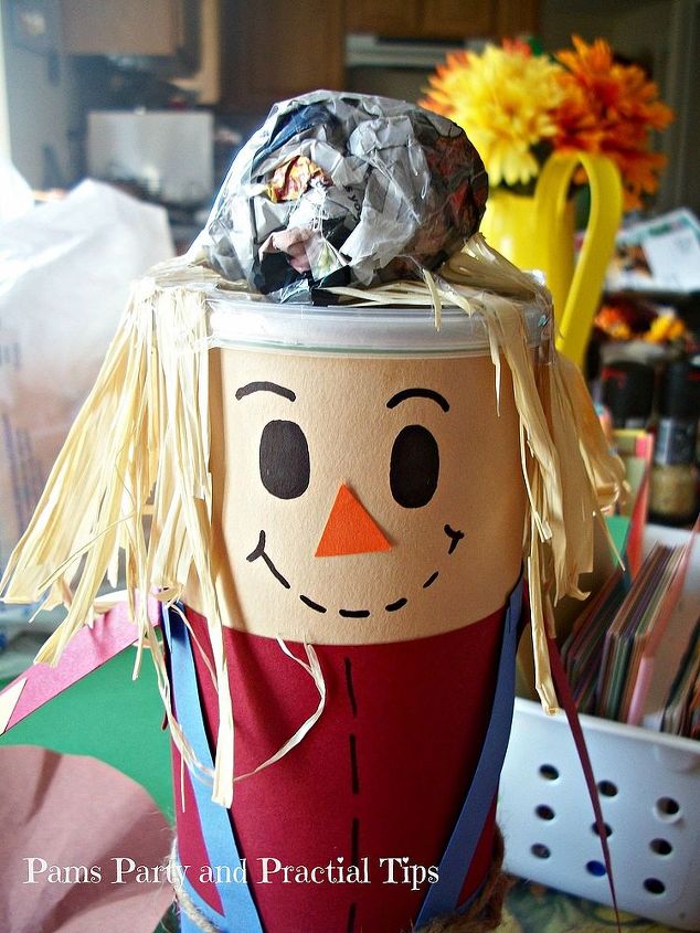 pringles can scarecrow, crafts, Since hats don t fit well on flat heads tape a small ball of newspaper to the top of can It will be hidden under the hat but it will give the hate dimension