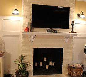 family room makeover a new tv a level, fireplaces mantels, home decor, living room ideas, painting, After of the new family room Painted fireplace faux board and batten walls light fixtures new TV paint etc