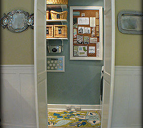 laundry room reveal, cleaning tips, doors, laundry rooms, organizing, A bulletin board covers the fuse box The bifold door was made into french doors