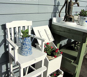 a whimsical outdoor kitchen, flowers, gardening, outdoor living, Further to the left a vintage high chair and my potato onion bin re purposed to hold flowers