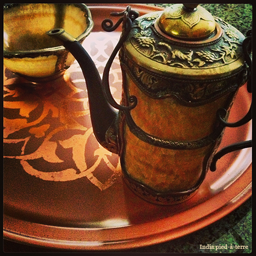 diy moroccan tray with stencil and copper leaf, crafts, painting, Here s my new exotic Moroccan tray all styled up with a tea kettle and bowl we found in Laos A long way from Target