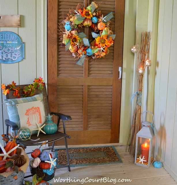 a beachy fall porch, porches, seasonal holiday decor, wreaths, Beachy fall porch